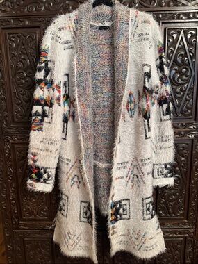 On blue Small Fuzzy Open-Front Cardigan with Geometric Accents High-Low